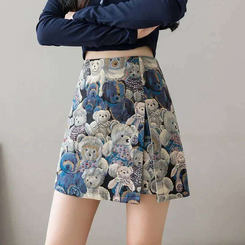 New Vintage Bear Print Skirt Women Fashion Japanese High Waist Slit Mini Skirts Female 2025 Summer Z260314