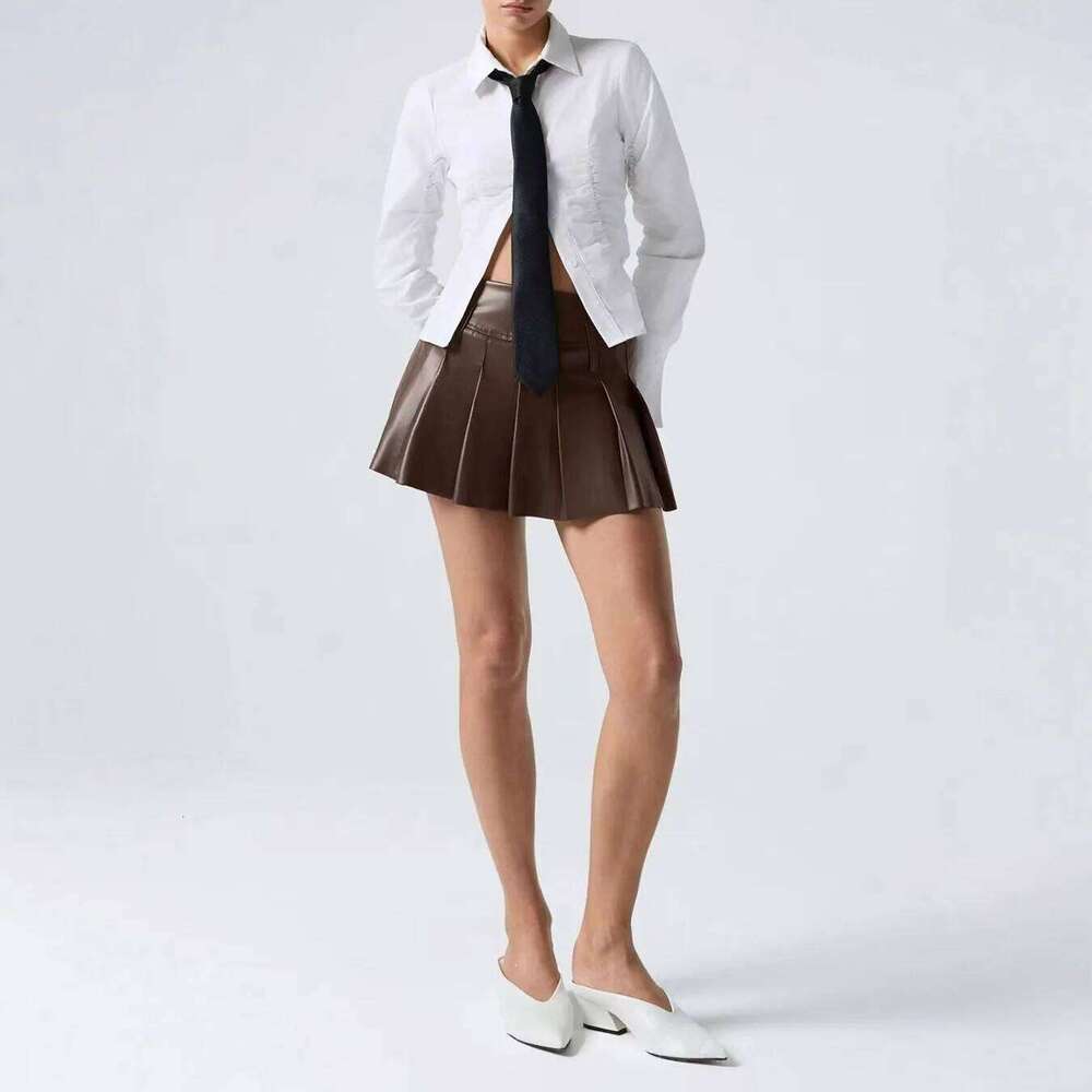 Winter New Women Sexy Pu Leather High Waist Pleated Spice Girl Slim Brown Short Skirt Z260314