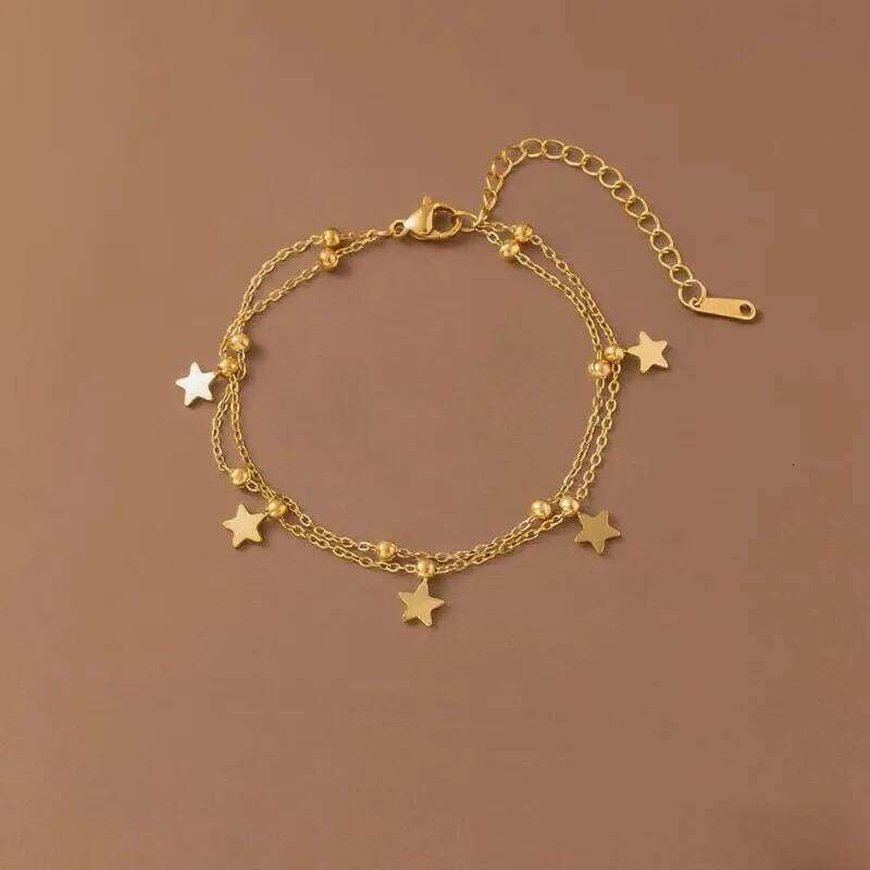 Charm Gold Color Stainless Steel Double-layer Five-pointed Star Round Bead Pendant Bracelet Anklets for Woman Jewelry Accessory Z260313