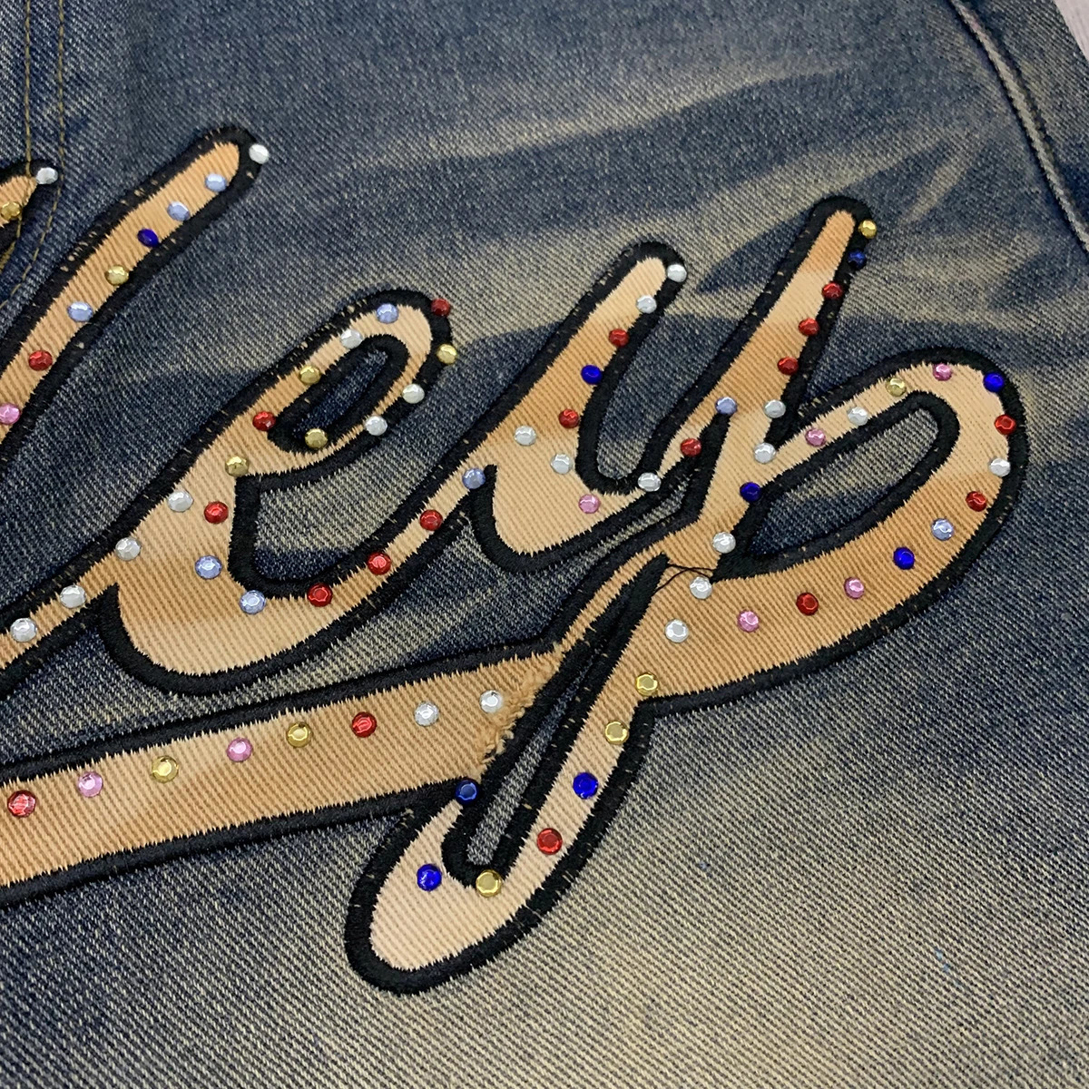 Full Rhinestone Shinning Black Baggy Jeans Shorts for Men Letter Embroidery Brilliant Diamond Loose Denim Knee Length Pants 260311