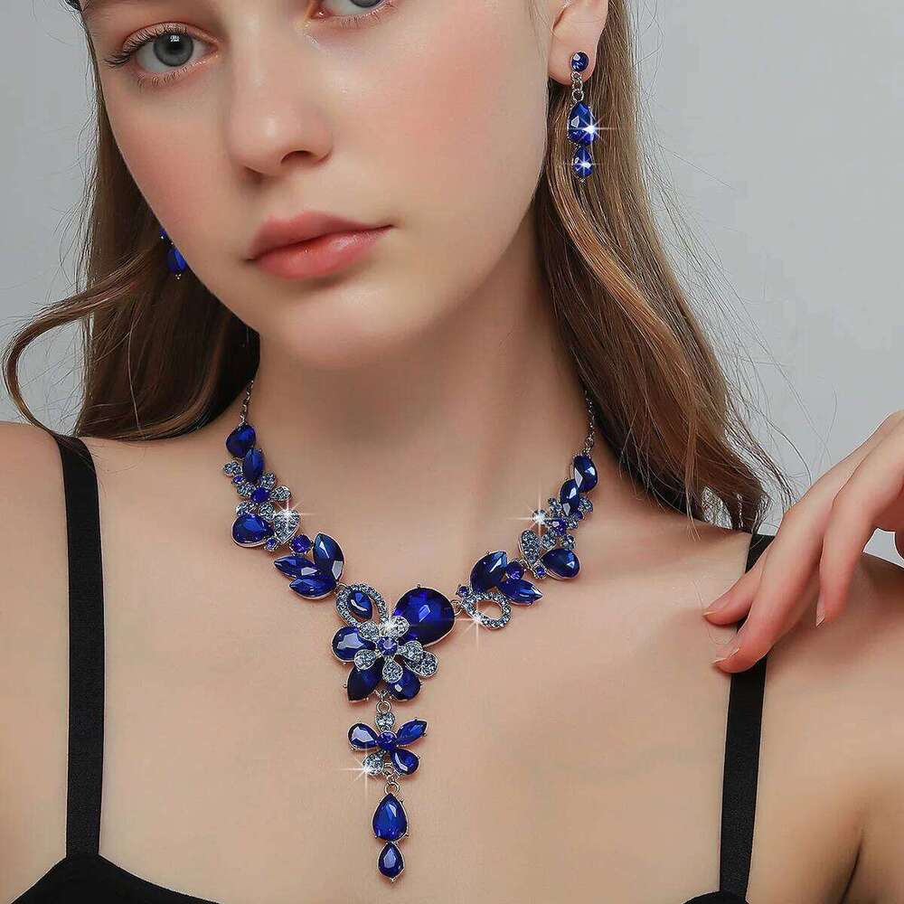 Elegant Blue Crystal Flower Statement Set for Women - Fashion Party Choker Necklace with Earrings 2025 New Arrival Z260313
