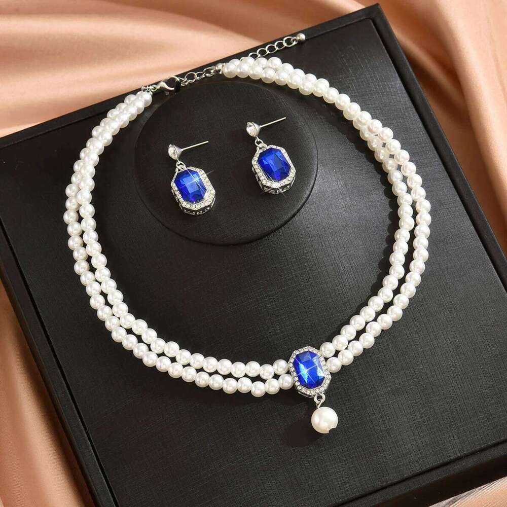 Fashionable double-layer pearl super sparkling geometric set, elegant and high-end jewelry set for women Z260313