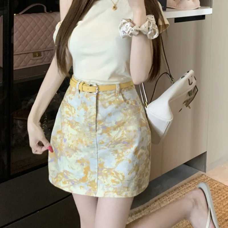 High Waist Tie Dye Denim Skirt with Belt Floral Print Vintage Aosphere Womens Faion Summer New Arrival A-Line Skirt M260314