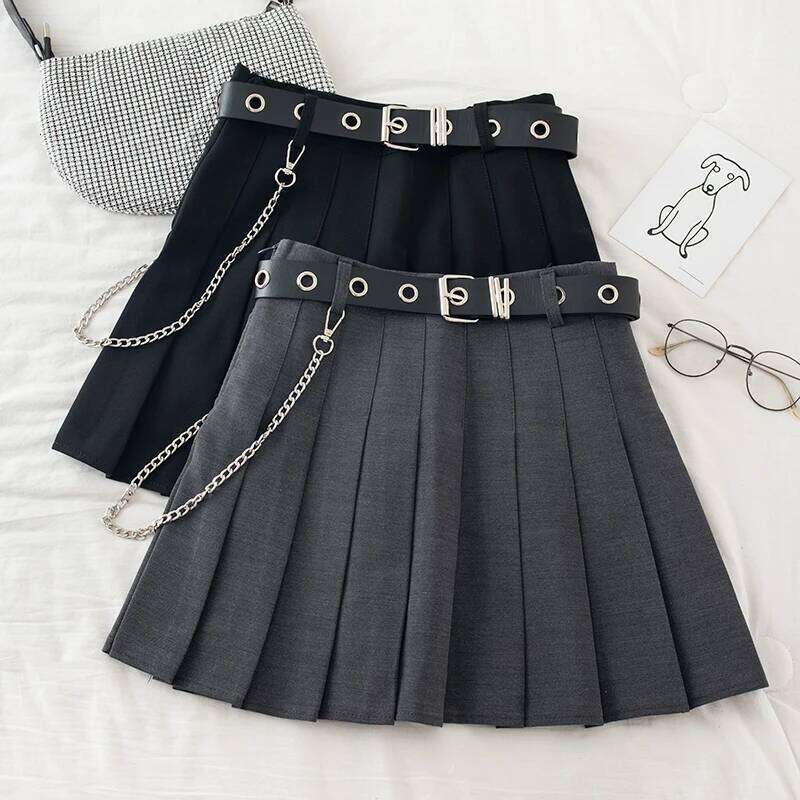 Black Pleated with Chain-Belt Punk Rock Girl Cheerleading Belted Mini Skirt Alt Women E-girl Outfit Z260314