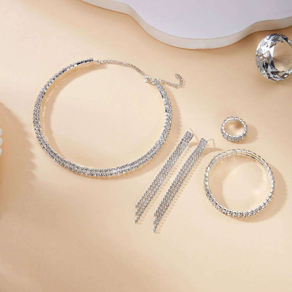 Exquisite Zircon Tennis Bracelet Choker Necklace for Women Full Rhinestone Dangle Earrings and Ring Wedding Party Jewelry Set Z260313