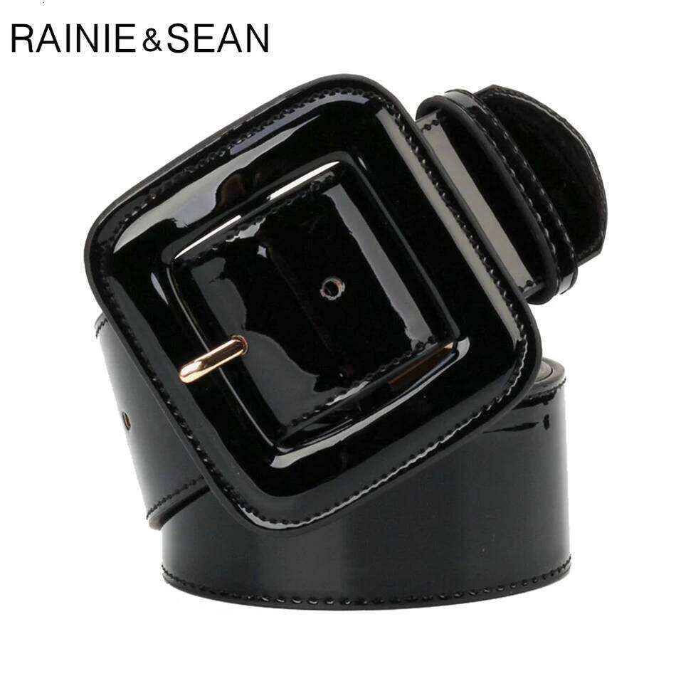 RAINIE SEAN Wide Female Dress Belts Patent Leather Genuine Cowhide Black Elegant French Luxury Women Waist Belt Z260226