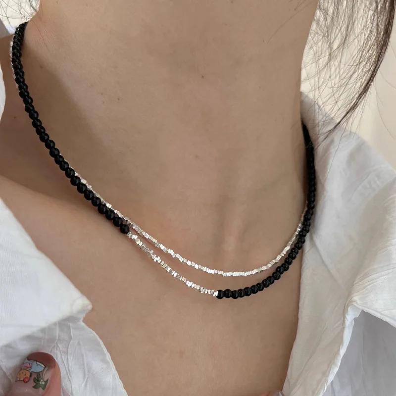 925 Sterling Silver Necklace Black Beads Square Irregular Punk Geometric for Women Girl Jewelry Gift Drop Wholesale 260312