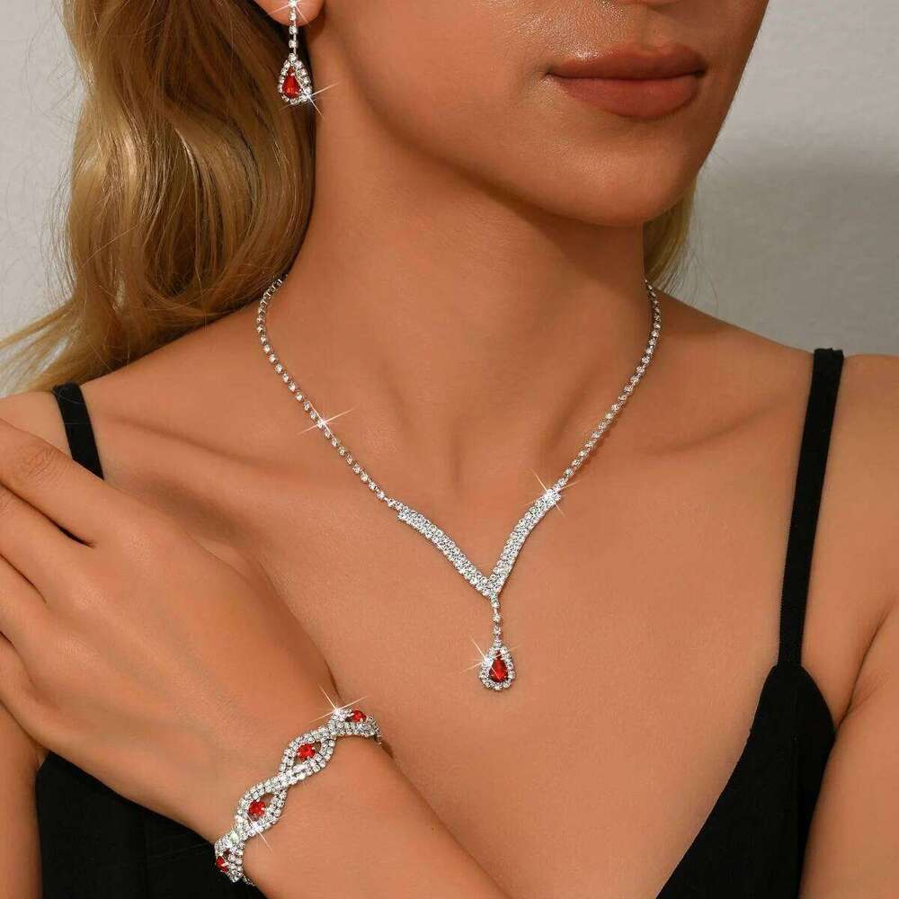 Glam Red Gem Jewelry Set Necklace Earrings Bracelet Teardrop Pendant Shiny Crystal Party Accessories For Women Z260313