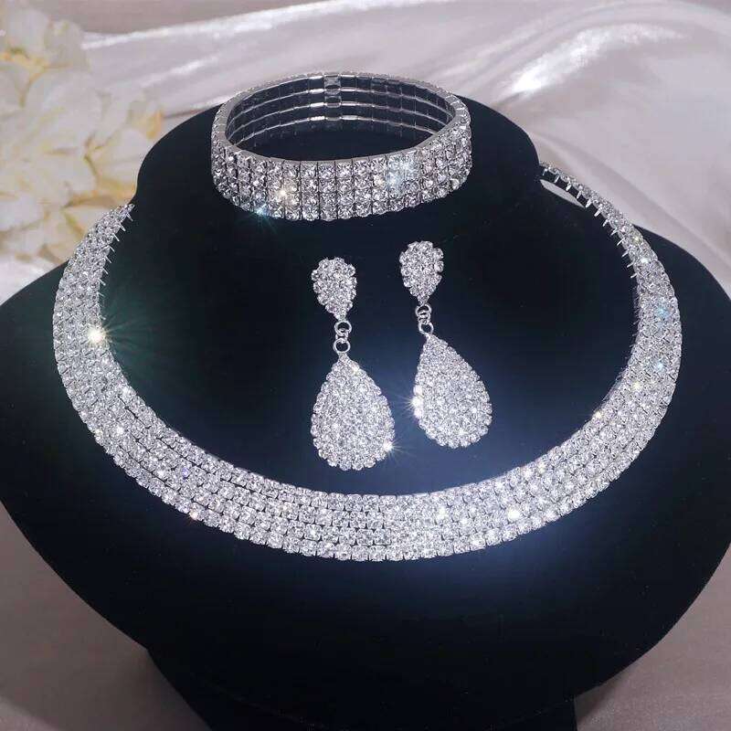 Luxury Round Rhinestone for Women Classic Silver Color Necklace Bracelet Earring Set Bridal Wedding Jewelry Z260313