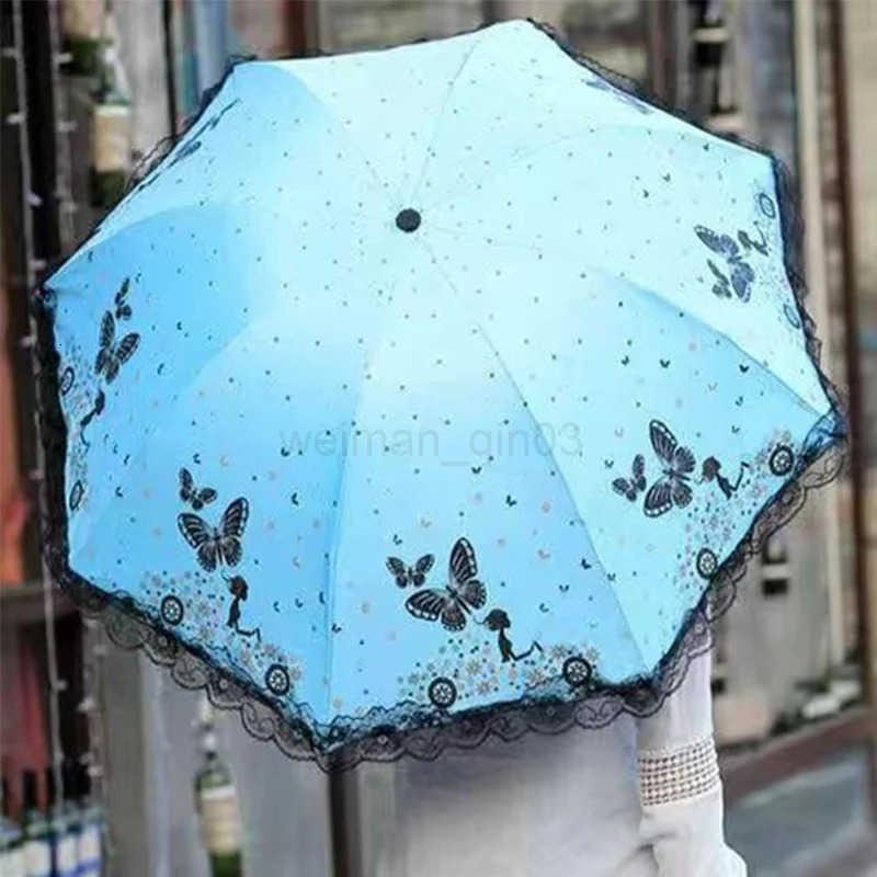 Butterfly Lace Printed Sunshade Umbrella For Both Rain Triple Fold Wind Resistant and Sun ResisTant Black Rubber Umbrella H260314