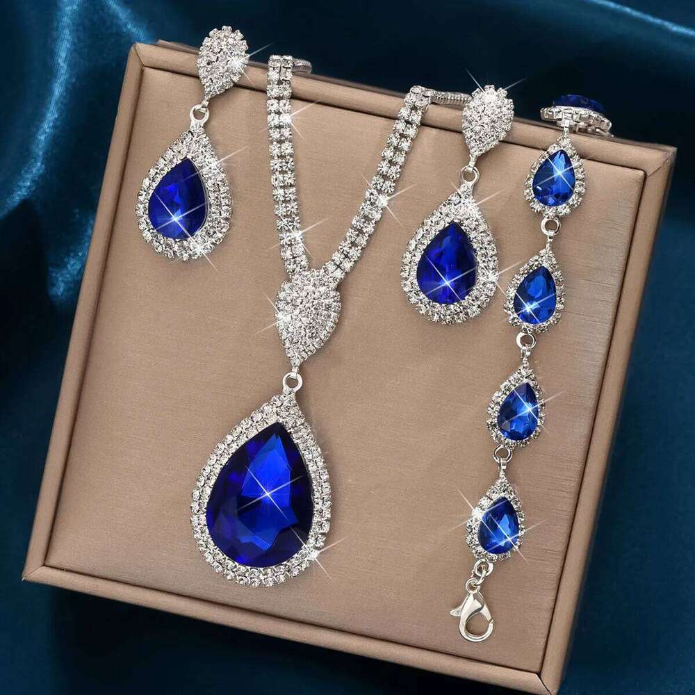 4pcs Elegant Vintage Jewelry Set for Women Blue Water Drop Necklace Shiny Crystal Choker Bridal Wedding Earrings Party Z260313