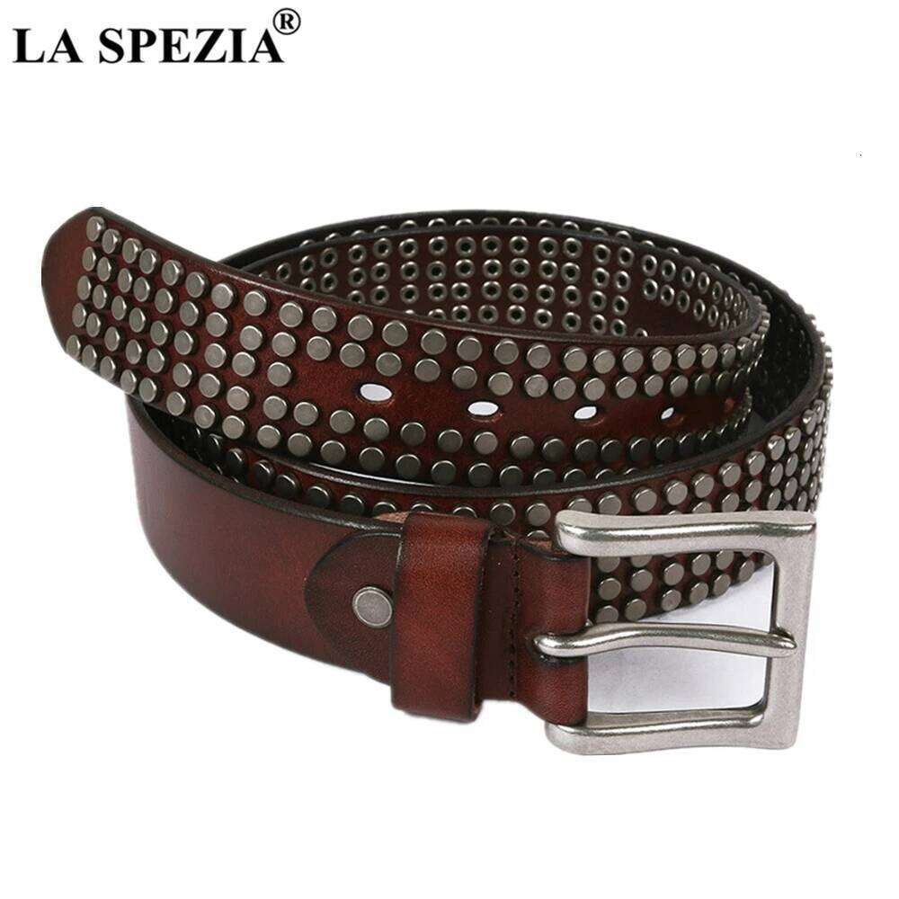 LA SPEZIA Rock Belts Men Women Punk Rivet Genuine Cowskin Leather Buckle Black Cofee White Steampunk Accessories Z260226