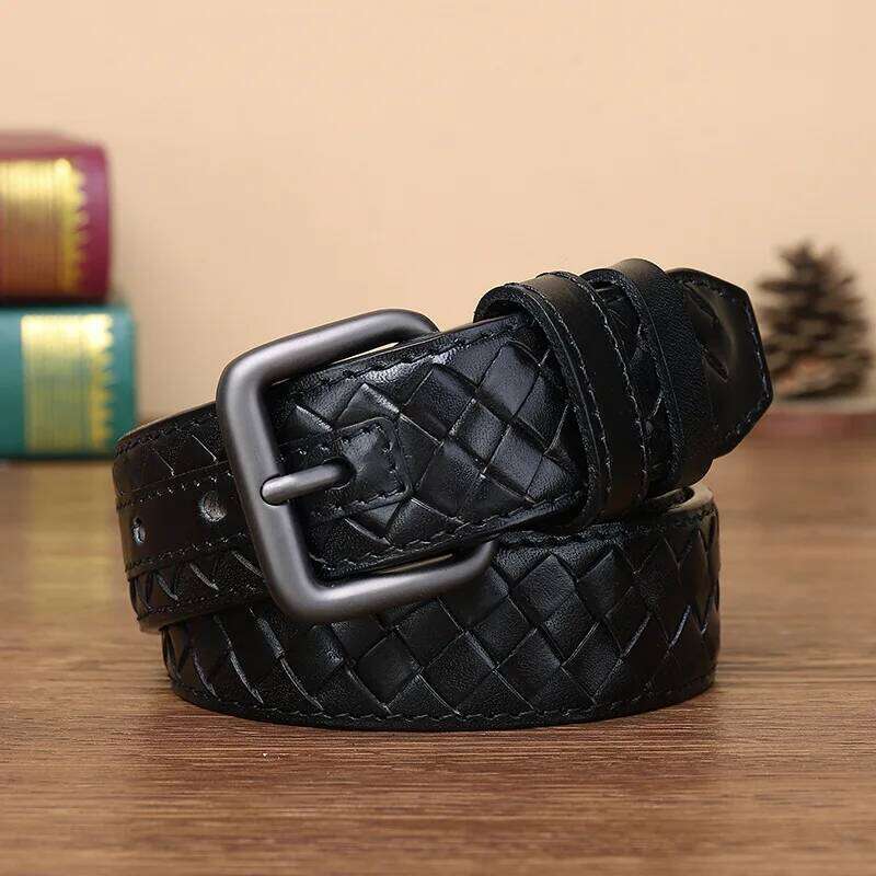 3.3cm Men Braided Young Style Top Layer of Cowhide Genuine Leather Needle Alloy Buckle Belt Woven Couple's Versatile Belts Z260226