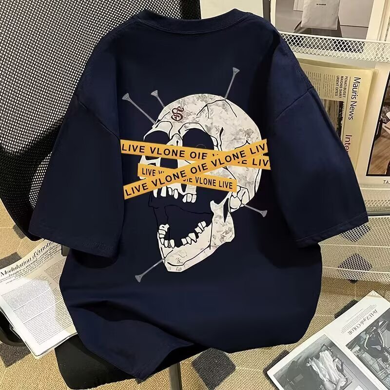 Summer's Popular Niche Quirky Skull Print Polo Shortsleeve Designer Hoodie For Men Designer T-shirt Trendy And Loosefitting Halfsleeve