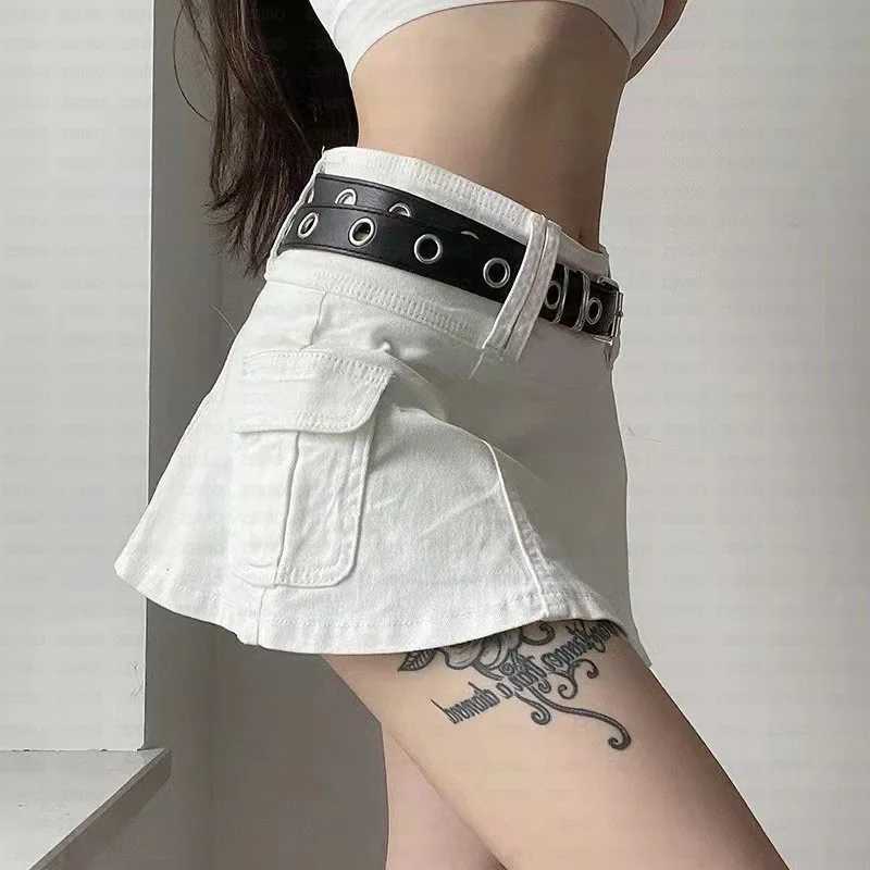 Y2K Solid Color Sexy Charm Pocket Skirt Emo Ruffled Hip Denim Skirt Street Punk Rock College Spice Sweetheart Joker Skirts M260314