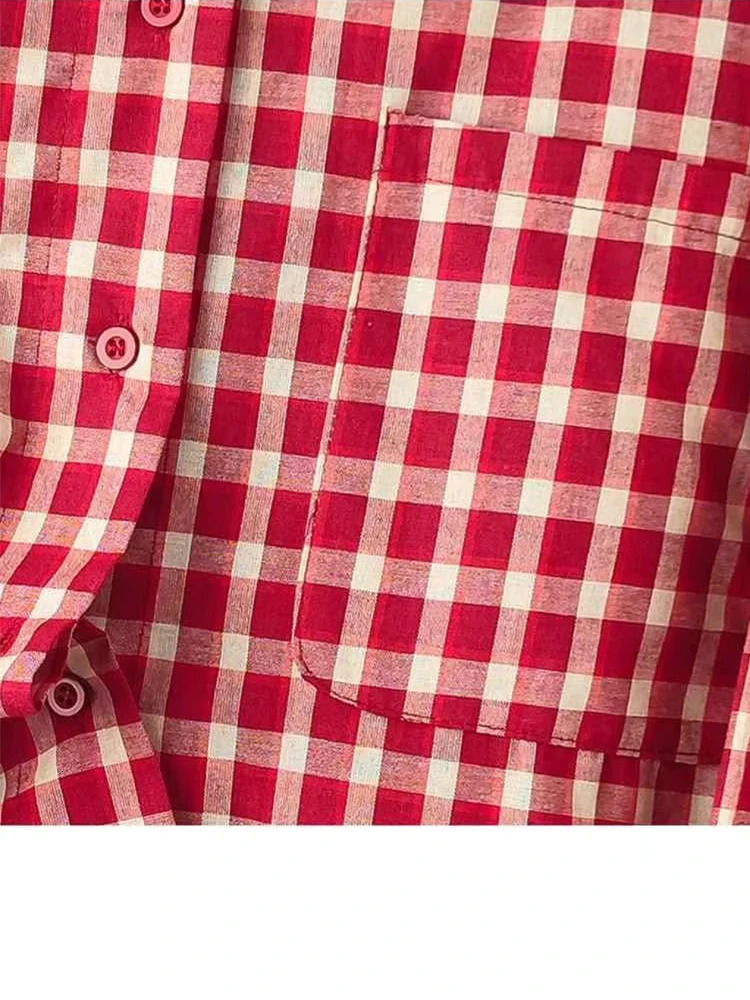 Y2k Autumn Women Vintage Red Plaid Turn-down Collar Over-shirt Long Sleeve Streetwear Loose Patchwork Harajuku Blouses 260311