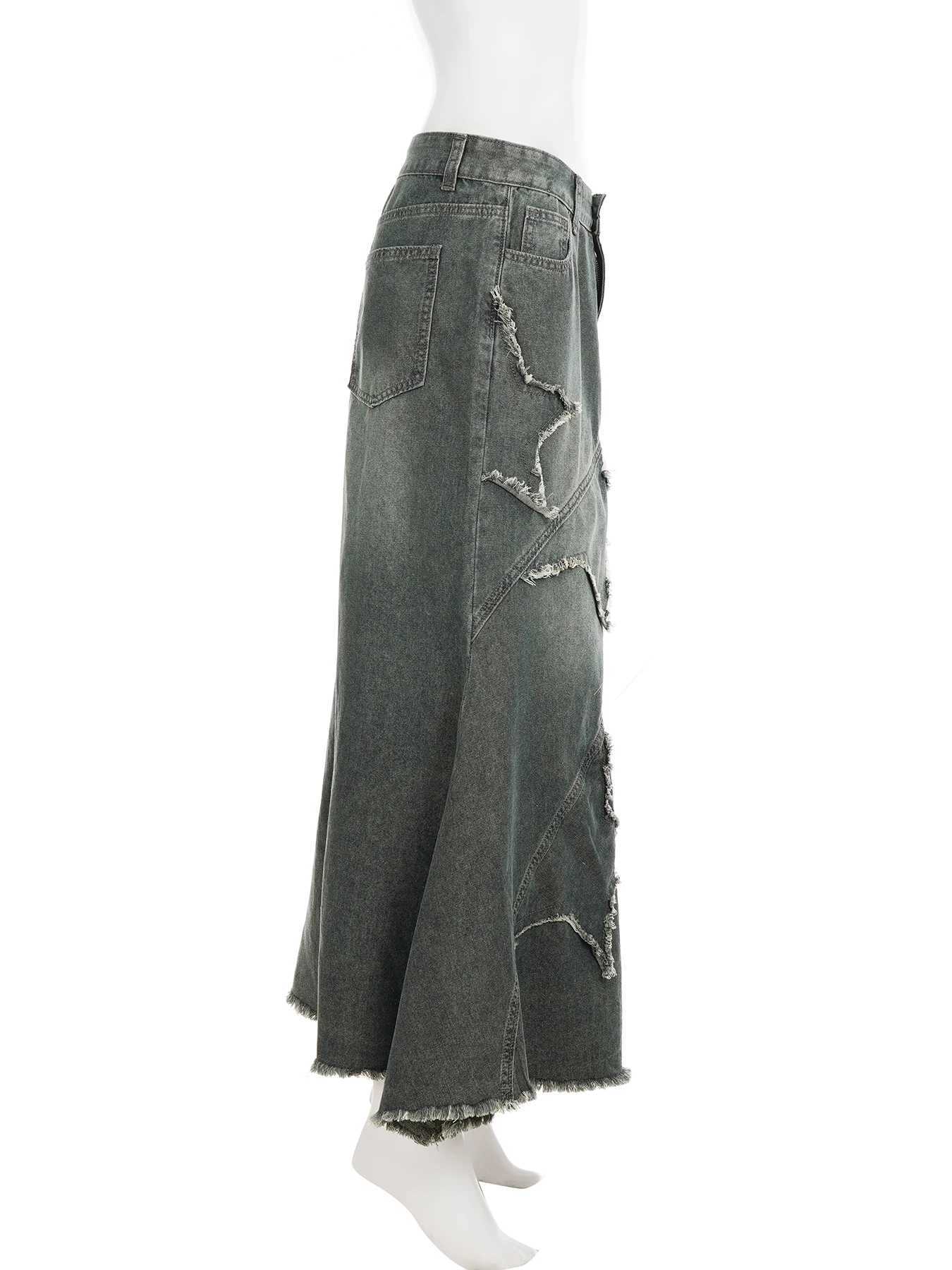 SUCHCUTE Y2k Patchwork Denim Long Skirt Women Retro Slim Ripped Mid-Waisted Mermaid Hem Skirts Fashion Tassel Irregular Skirt M260314