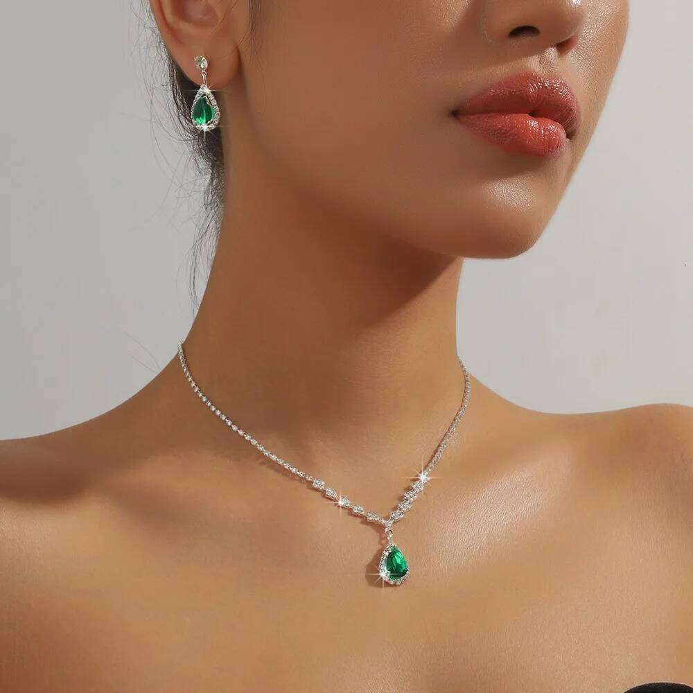 New Luxury Brand Fashion Green Water Drop Crystal Necklace Earring for Women Exquisite Wedding Bride Zircon Jewelry Set Gift Z260313