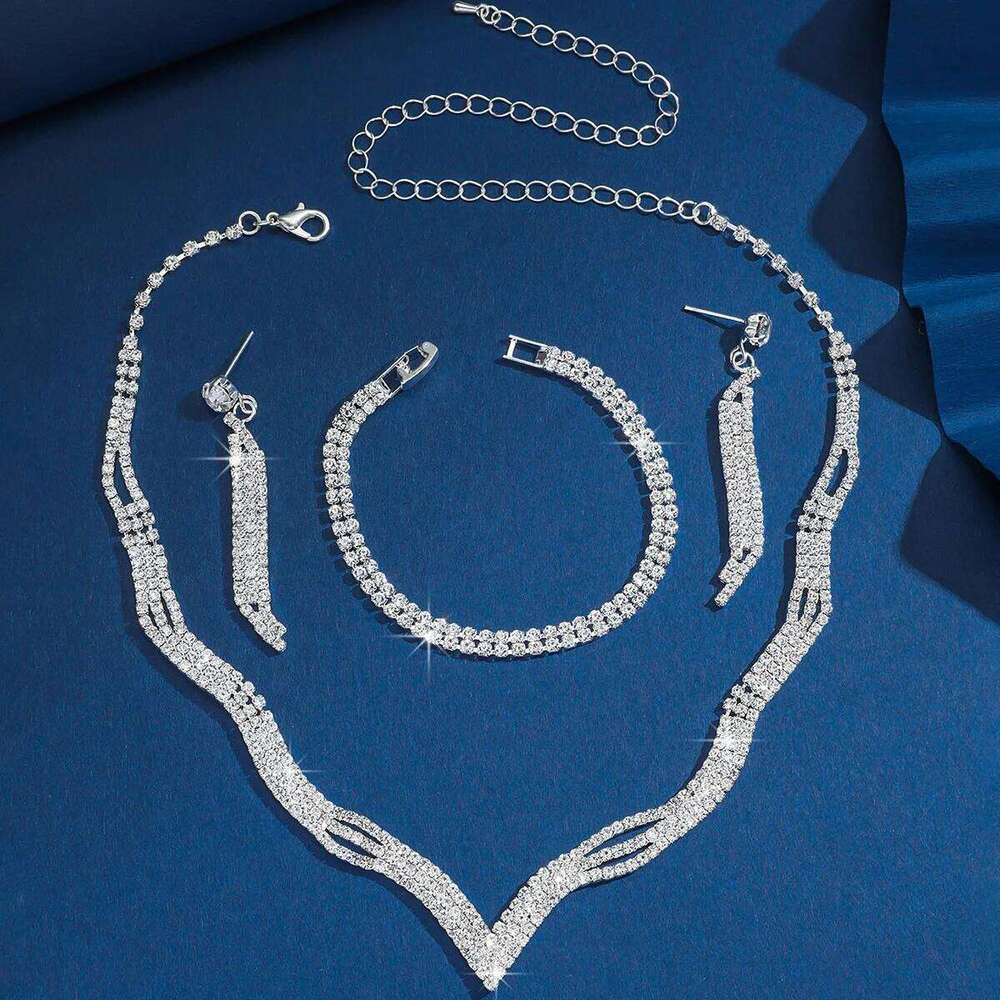 V-Shaped Crystal Jewelry Set 4Pcs Necklace+Bangle+Earrings Shiny Silver-Plated for Women Party Wedding Evening Accessories Pro Z260313