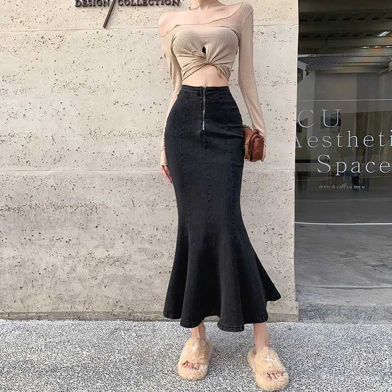 2026 Solid Slimming High Waist Midi A- Line Skirt Woman Trumpet Sides for Women Denim Half-length Skirt with Flounce M260314