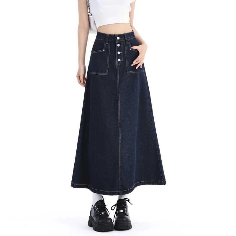 High Waist Denim Skirt Women Autumn 2024 New Arrival Single Buttons Long Skirt Women Korean Style Casual Jeans Skirts Womens M260314