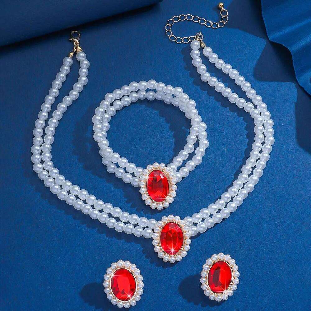 "Vintage Pearl 3-Piece Set Necklace Bracelet Earrings Oval Crystal Party Retro Jewelry" Z260313
