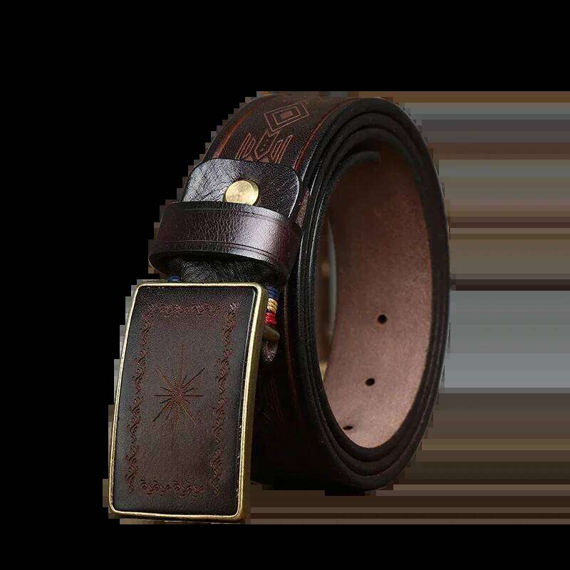 Men Retro Handmade Genuine Leather Fashionable Vintage Carving Pattern Smooth Buckle Belts Male Jeans Waistband Belt Z260226