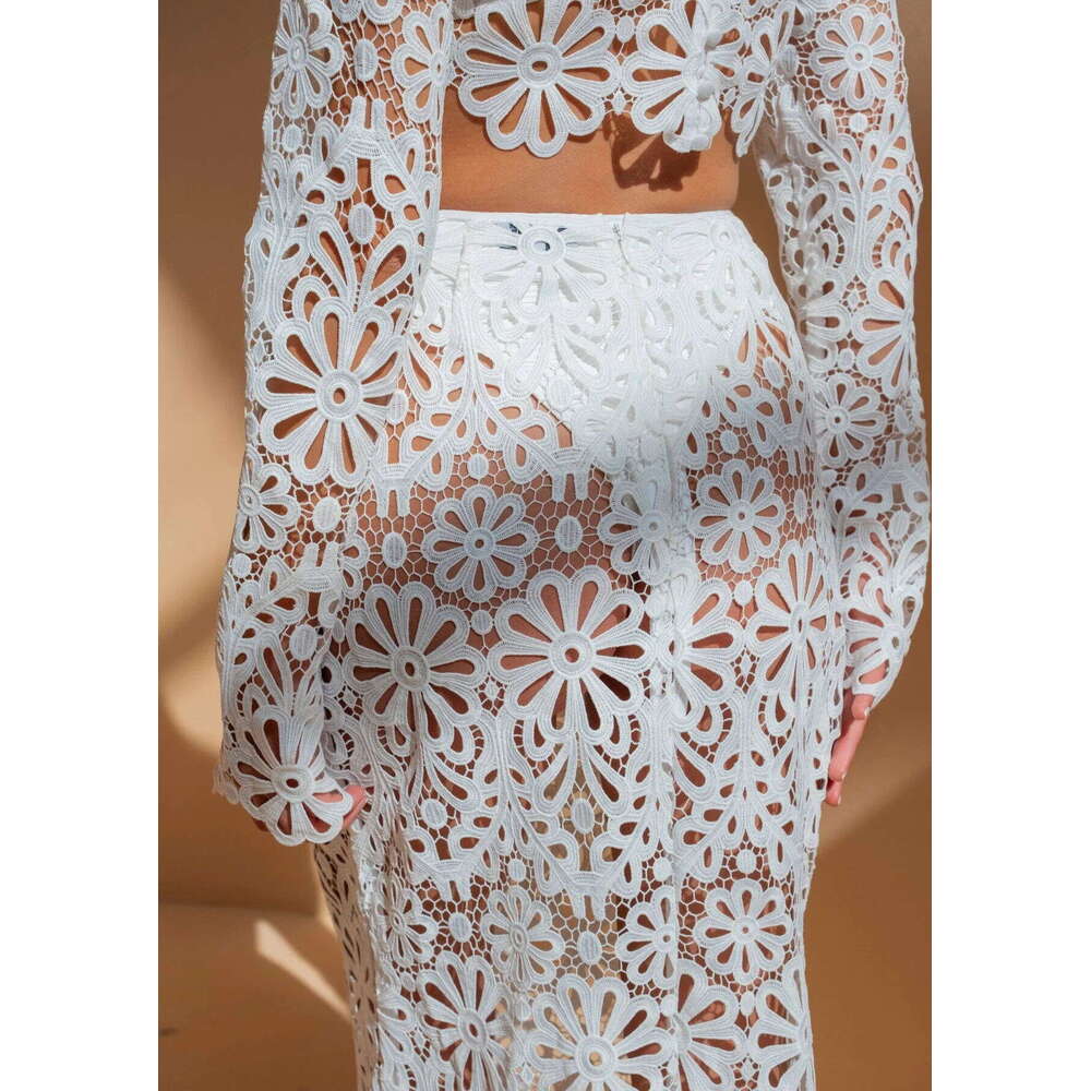 2026 Autumn Women European American Slim Fit Hollow Lace Two Piece Set Top And Skirt Elegant Fashion Casual Party Outfit MAKOUFEI