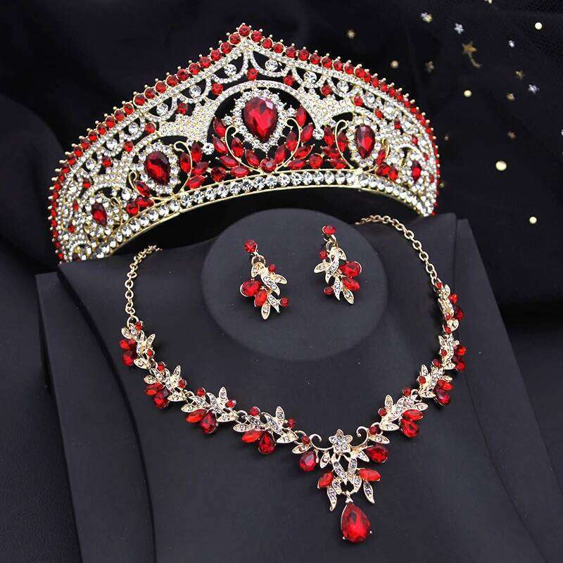 Luxury Bride Crown Sets for Women Red Tiaras and Necklace Earrings Party Prom Bridal Wedding Jewelry Set Accessory Z260313