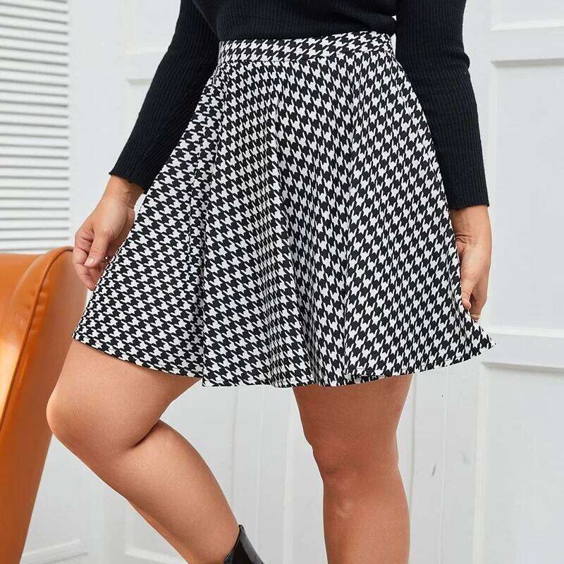 Plus Black And White Houndstooth Print Summer Elegant Flared Women Elastic Waist Casual Mini Skirt Large Size 6XL 7XL Z260314