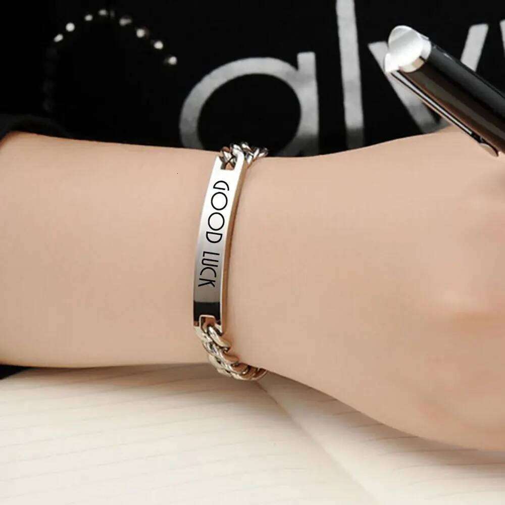 7MM stainless smooth titanium steel couple bracelet engraved with "GOOD LUCK" lucky slogan Z260313