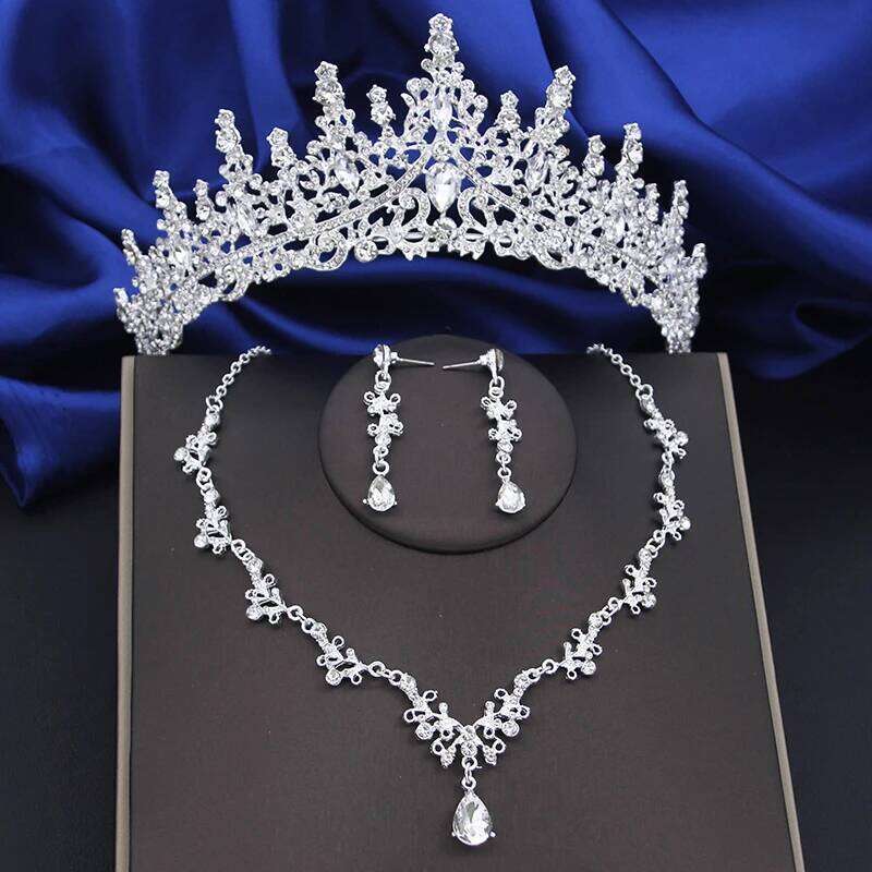 Quality Silver Color Water Drop Bridal Jewelry Sets Princess Tiaras Necklace Earrings Wedding Crown Jewellry Set for Brides Z260313