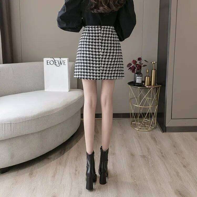 2025 New Wool Houndstooth Short for Women in Autumn Winter High-waisted Slim and Versatile A-line Hip-pack Skirt Z260314