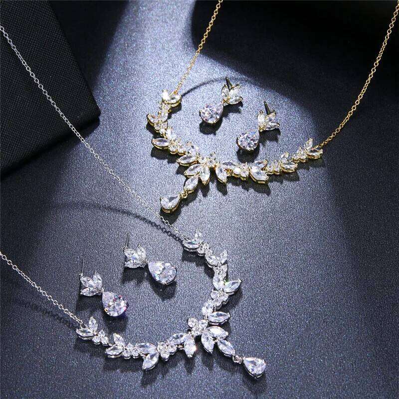 Ekopdee Luxury Brilliant Leaf Jewelry Set For Women Zircon Silver Color Wedding Bridal Necklace Earrings 2021 New Parure Bijoux Z260313