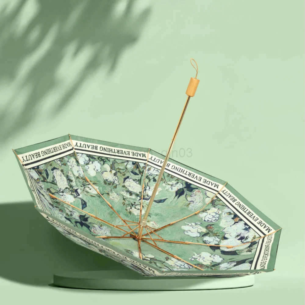 Double Layer Umbrella Wood Handle Vintage Floral Three Fold Umbrellas Foldable Uv Protection Sunshade Sun Protection Umbrellas H260314