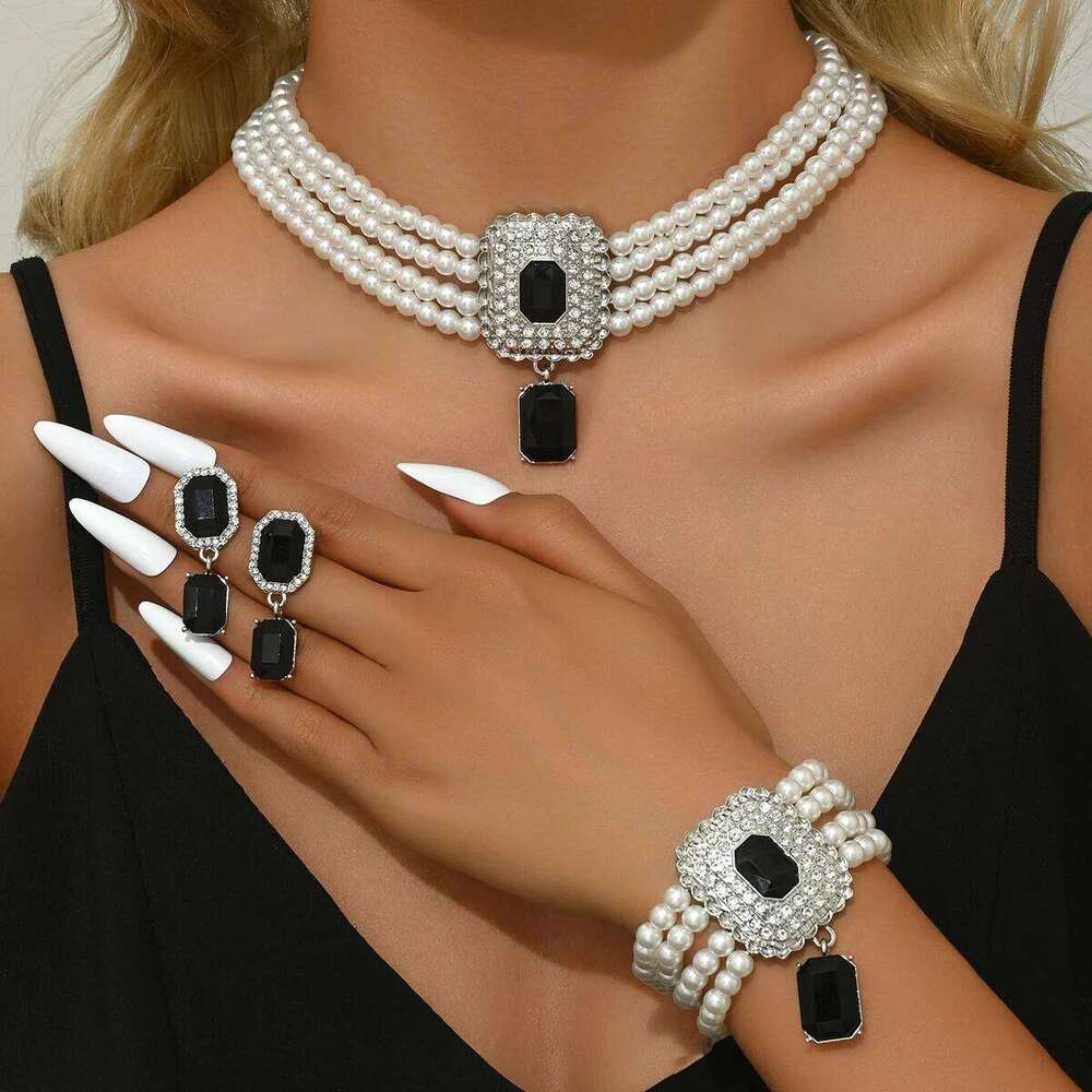Pearl Emerald Set Multi-Strand Necklace Bracelet Earrings for Women Party Evening Statement Jewelry Z260313