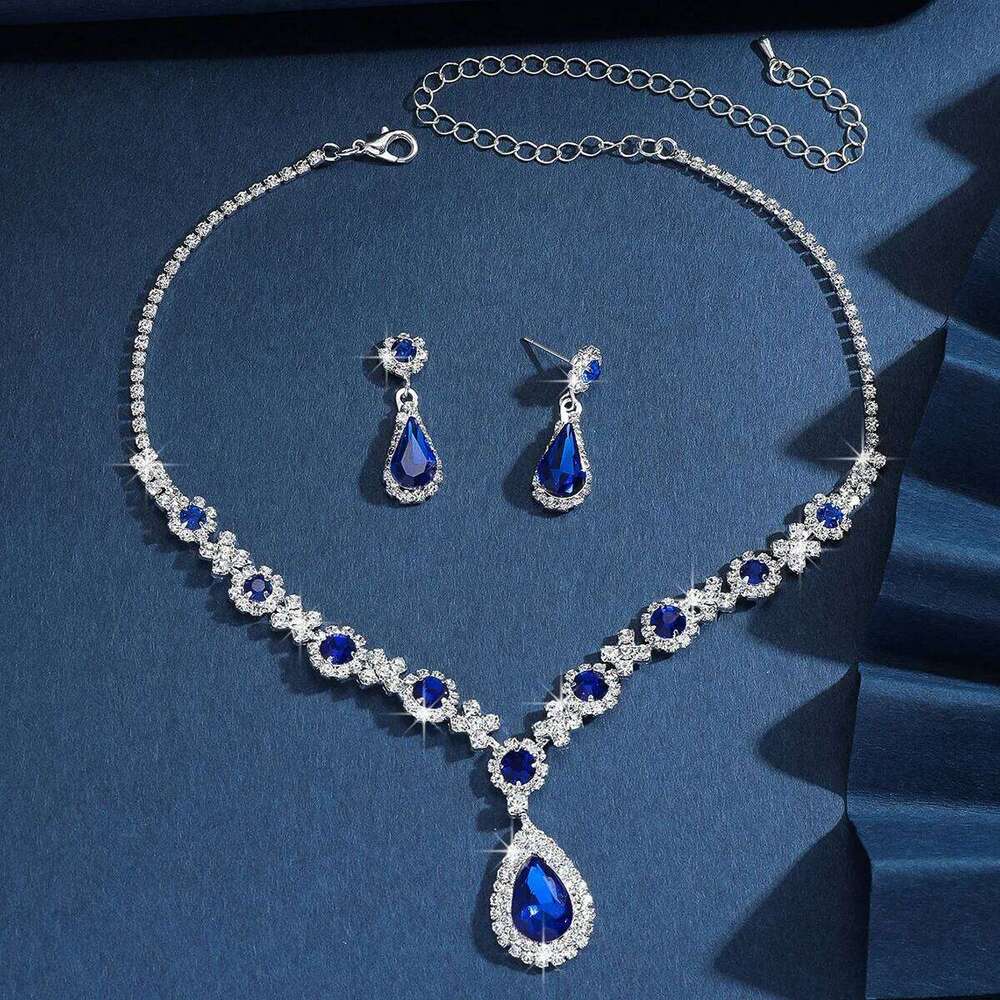 Luxury Blue Crystal Jewelry Set Women Necklace Earrings Shiny Sapphire Style Silver Tone Party Wedding Accessories Z260313