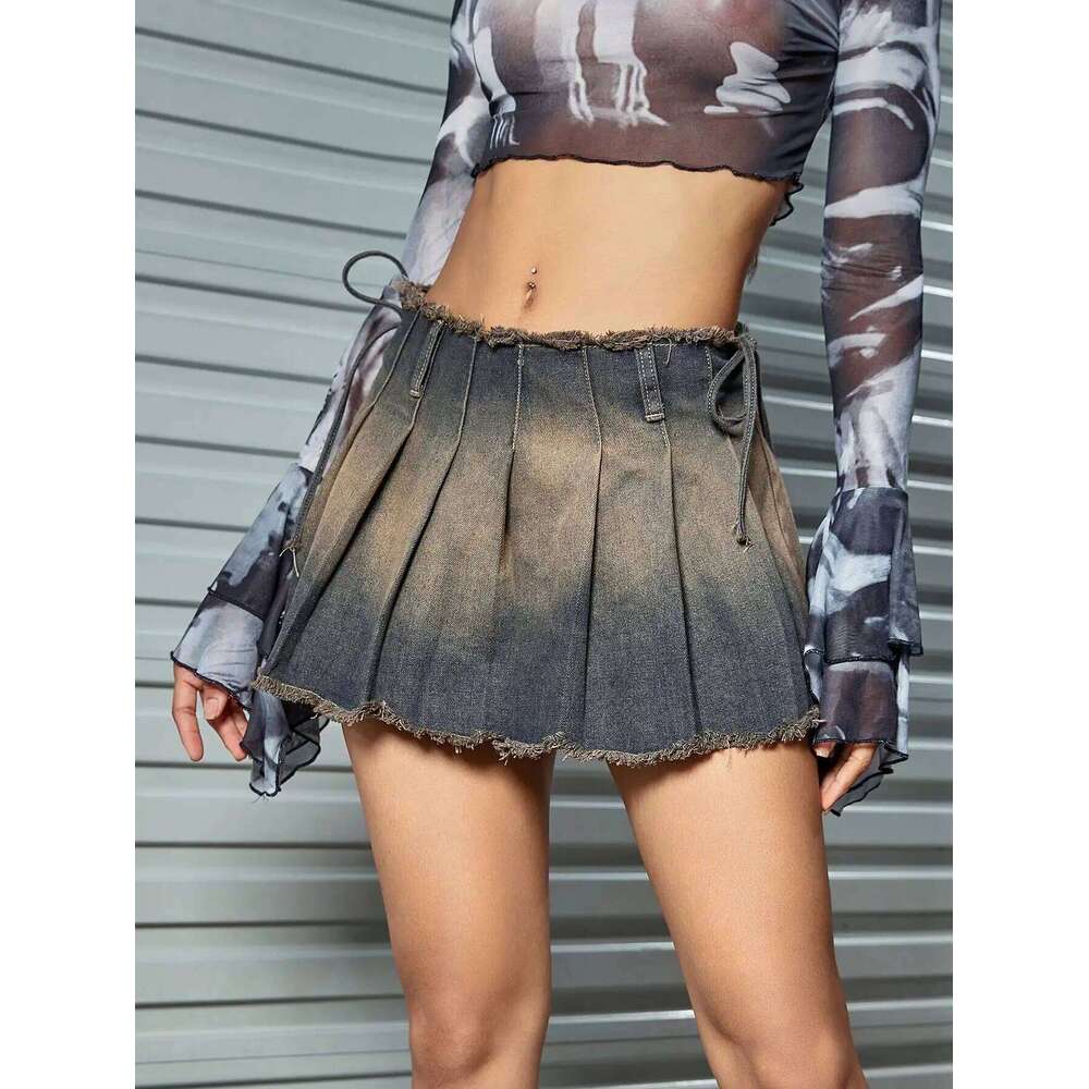 Y2K Preppy Vintage Frayed Edge Press Pleated Bow Tie Side Denim Mini Wrap Skirt Z260314