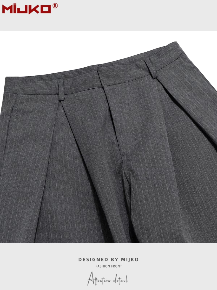 MIJKO Unisex Casual Pants Vertical Stripe Design Folded Straight Leg Gray Suit for Men And Women C923
