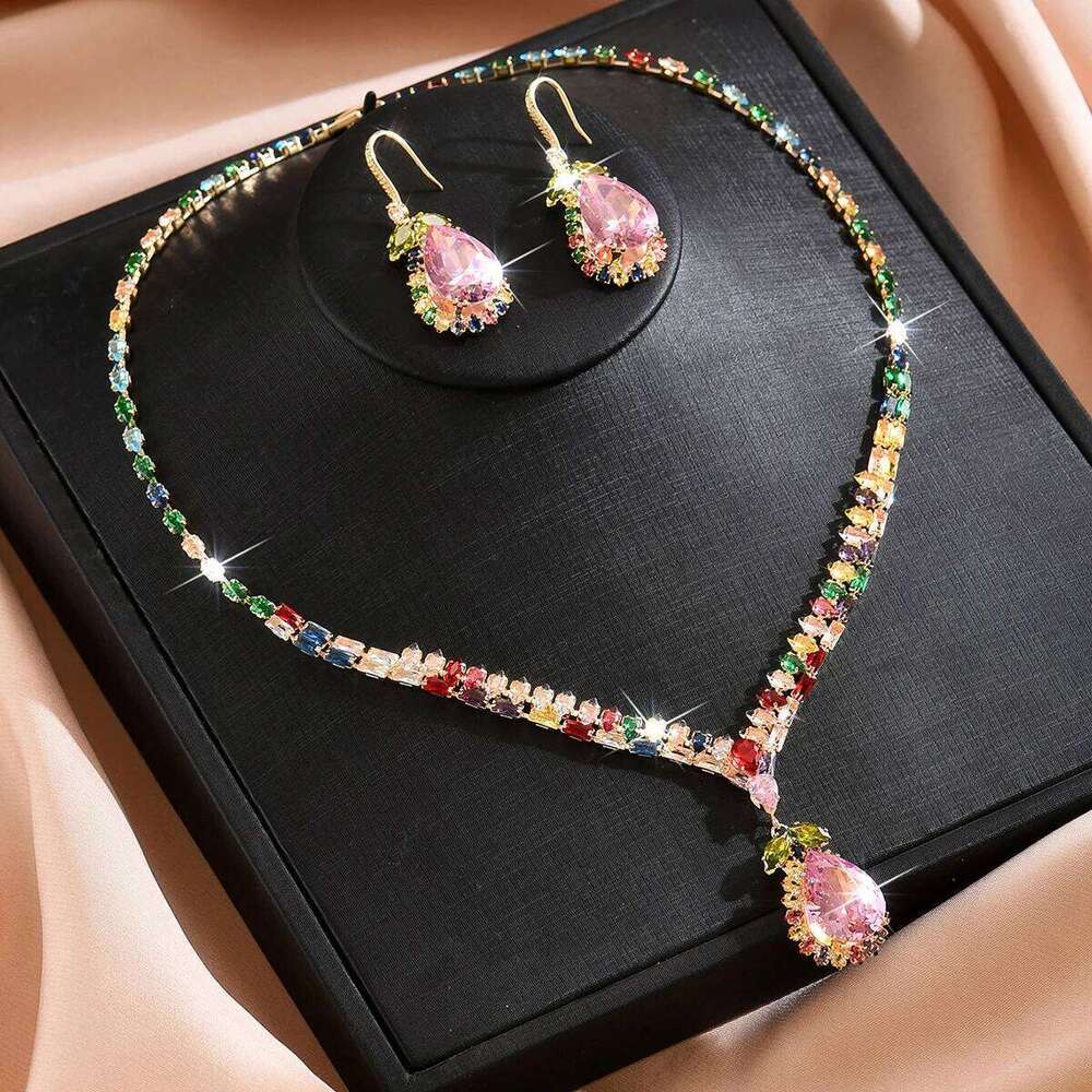 Colorful zircon pendant earrings Korean high-end, sweet and unique necklace fashionable princess jewelry set Z260313