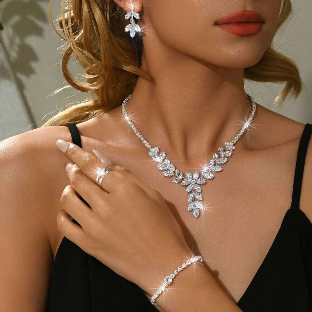Elegant, simple, atmospheric, trendy Korean necklace, ring, bracelet, earring four piece set suitable for wedding dresses Z260313