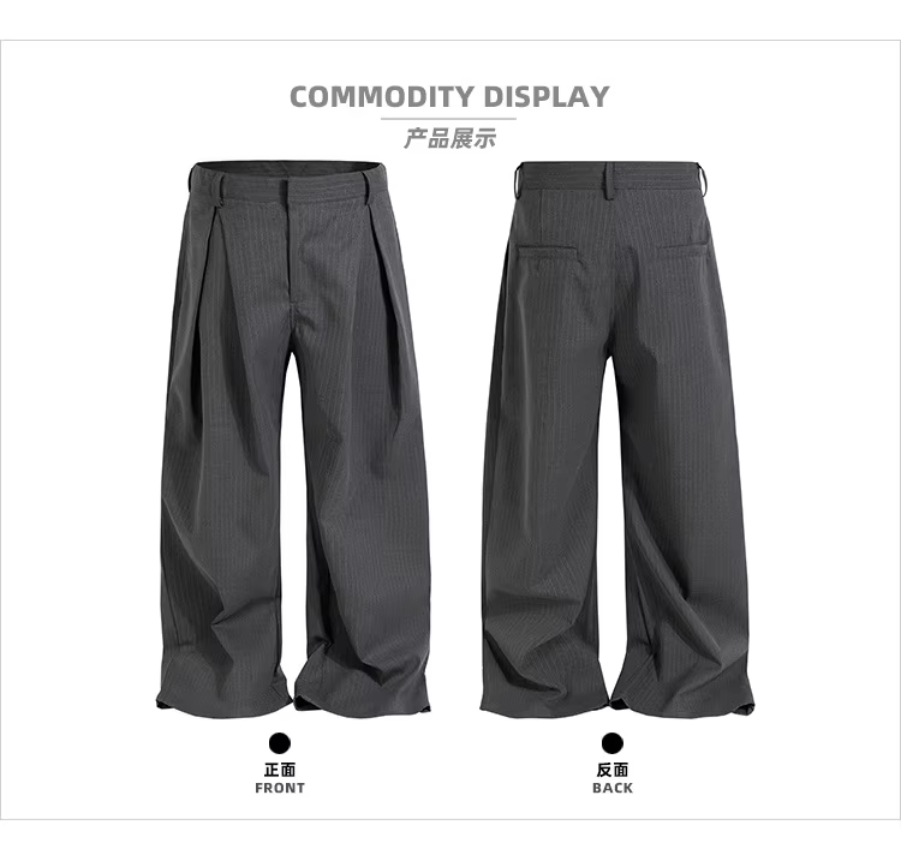 MIJKO Unisex Casual Pants Vertical Stripe Design Folded Straight Leg Gray Suit for Men And Women C923