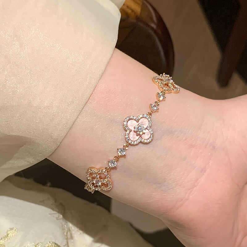 Elegant Pink Floral Design Charm Bangle Four-Leaf Clover Jewelry Set Accented Sparkling Crystal Stones for Women's Luxury Jewelry Free Express pa