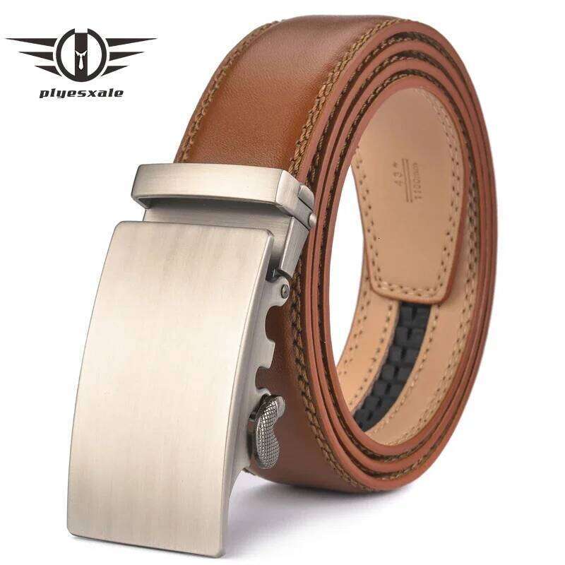 Plyesxale Brown Leather Men 2024 Automatic Buckle Belt For Jeans Vintage Style Mens Belts Luxury Ceinture Homme B9 Z260226
