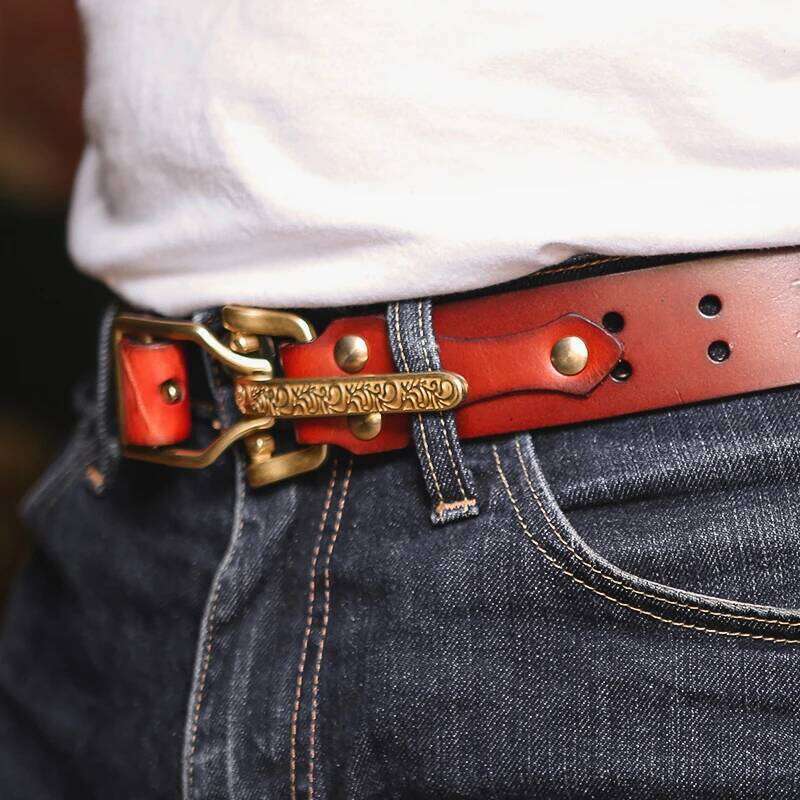 Cavalry Genuine Leather Men's High Quality Belts 3.8cm Pure Handmade Solid Vintage Embossed Brass Belt Buckle Z260226