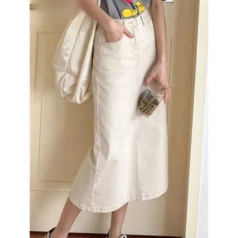 Solid Denim Long Skirts For Women Vintage Casual High Waist Slit A Line Skirts Summer 2025 New Fashion Simple Y2k Skirt Women M260314