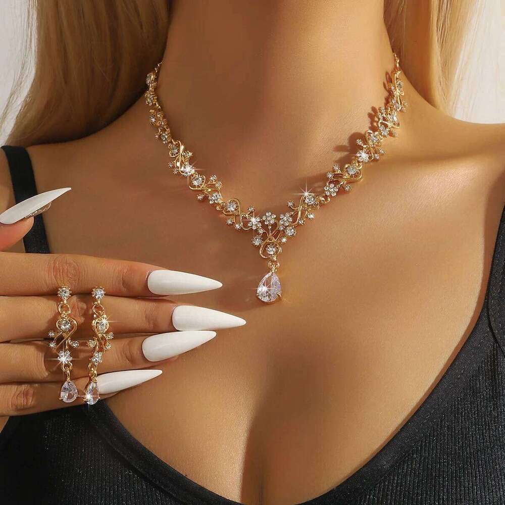 Gold Plated Crystal Jewelry for Women - Bridal Party Necklace Earrings Set with Teardrop Pendant Z260313