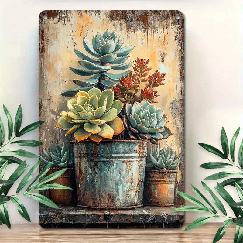 Vintage Succulent Plant Metal Wall Art Rustic Botanical Tin Sign for Office Balcony or Garden Decor 8x12 Inch Plaque D260314