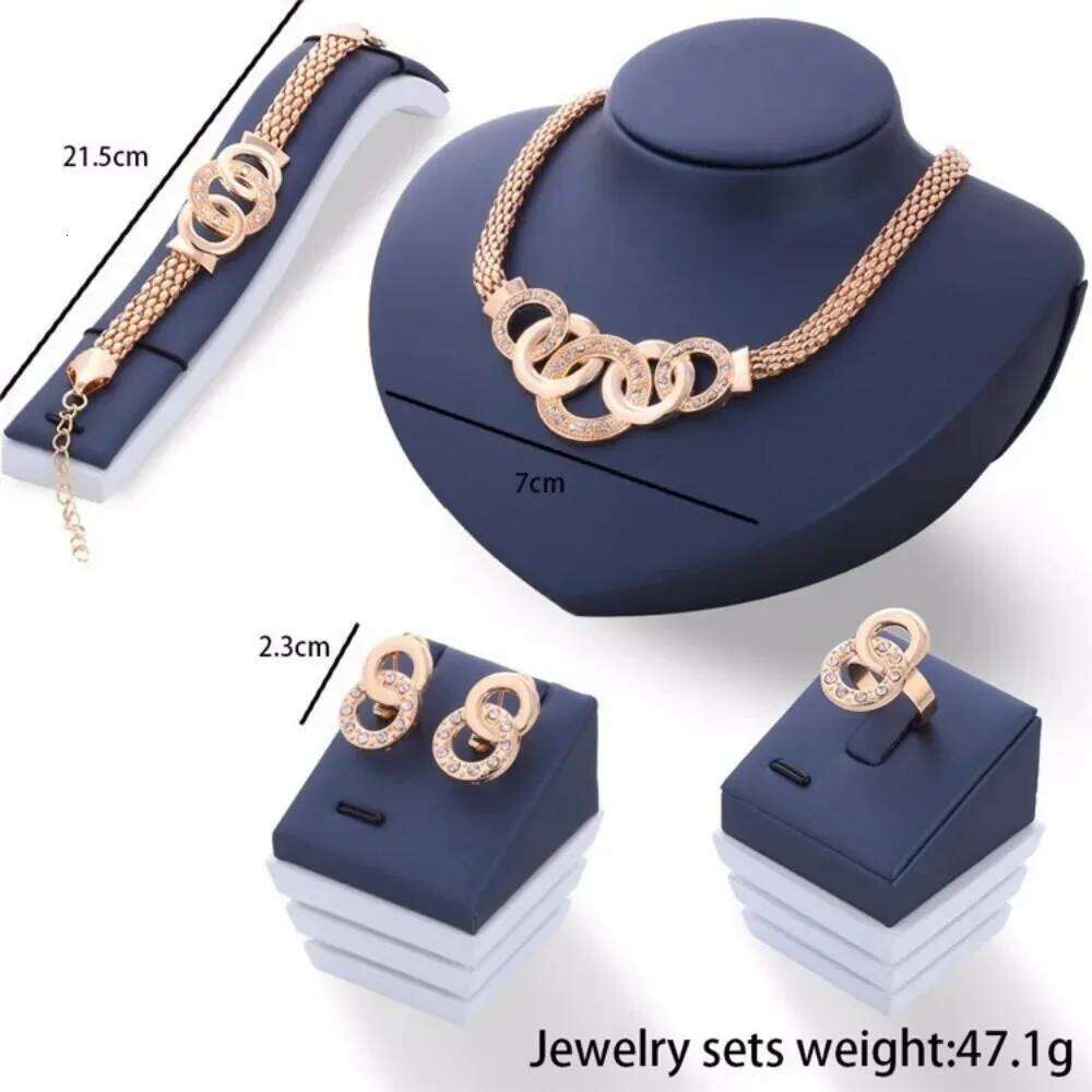 4 Pcs Luxury Gold Color Geometric Circle Zircon Necklace Earrings Ring Bracelet for Women Charm Wedding Bride Jewelry Set Z260313