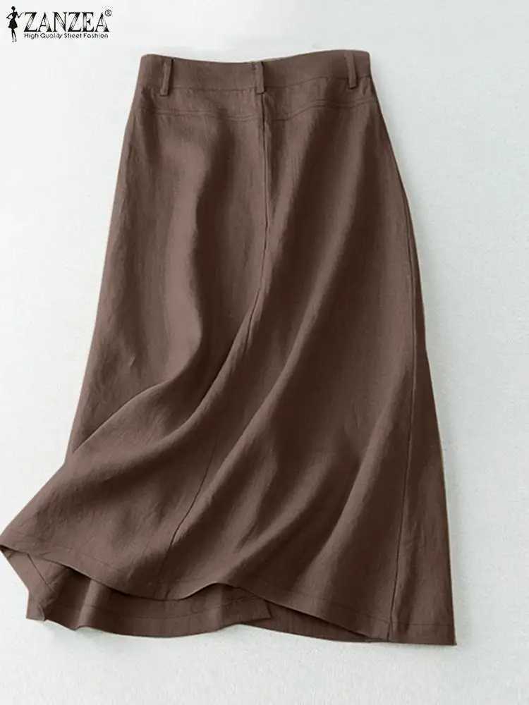 ZANZEA Elegant Cotton Midi Skirts Casual Button Up A-line Skirt Women High Waist Jupe 2024 Summer Solid Temperament Falda Mujer M260314